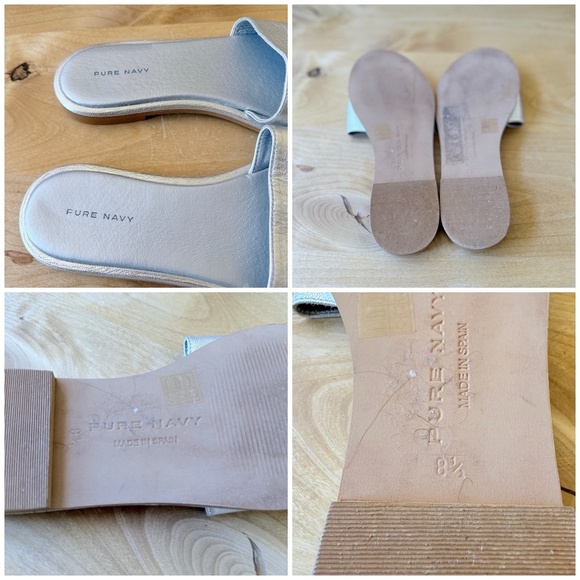 2 PR PURE NAVY LEATHER SLIDE SANDALS ROSE GOLD & SILVER LOW HEEL SUMMER CHIC 8.5 - Picture 11 of 11